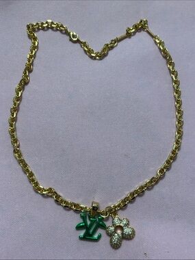 LV Gold Chain Necklace with Green LV Charm and Crystal Flower Pendant